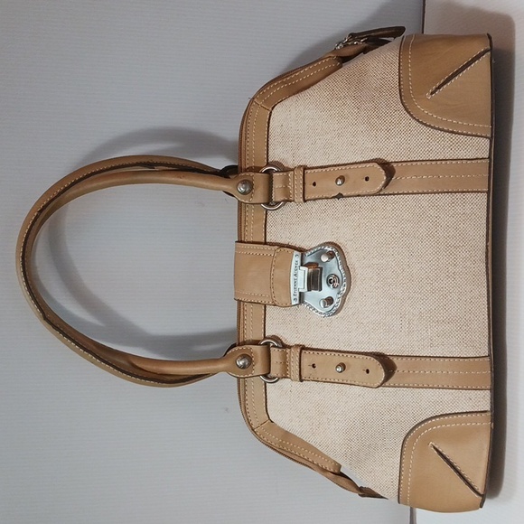 Etienne Aigner  Double Handle Jute Satchel shoulder bag in cream and tan - Picture 1 of 10